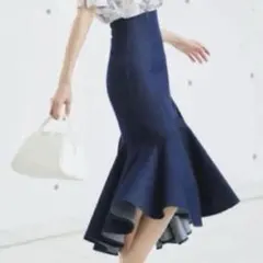 SNIDEL ハイウェストヘムボリュームスカート デニム(インディゴ)