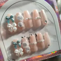 クリアベージュ　綺麗目　ガーリー　ネイルチップ　リボン　ハンドメイド