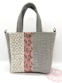 春SALE❣️インド刺繍リボン＆ヌビのトートバッグ♡グレー小さめピンクアイボリー