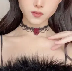 ブラックレース リボン結びチョーカー ローズフラワーデザイン