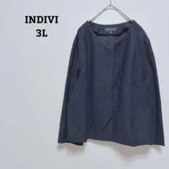 インディヴィ　ノーカラージャケット　綿麻混　日本製　比翼ボタン　大きいサイズ3L