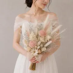 ☆ナチュラルホワイト×ピンクウェディングブーケ＆ブートニアセット・前撮り・結婚式