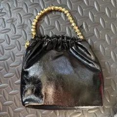 ブラックビーズハンドル巾着バッグ パーティバッグ　クラッチバッグ　結婚式