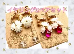 イヤリング 2ペア セット No02 花 蝶 パール 雫 ピンク 白 ねじバネ式