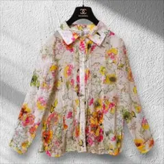 シアーブラウス✨花柄✨総柄 フラワープリント 長袖 ボタニカル Lのサムネイル