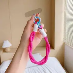 スマホハンドストラップ④ピンク×ホワイト アクセサリーポップカラフル手首韓国携帯