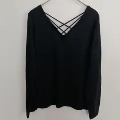 【BACKS】レースアップ Vネック リブニット トップス ブラック Fサイズ