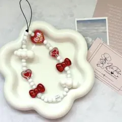 ホワイト×レッド　ビーズストラップ　#110