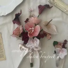 ボルドー♡コーラルピンク♡胡蝶蘭♡クラッチブーケ＆ブートニア