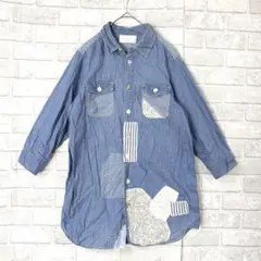 ダブルクローゼット デニムシャツ チュニック丈 F 美品 パッチワーク風 楽チン
