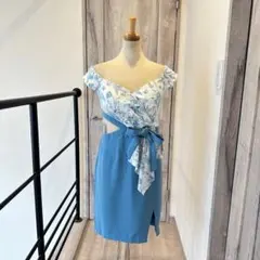 J2221 新品 L ブルー 花柄 JEWELS キャバドレス オフショ リボン