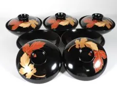 BJ111 時代輪島塗 流水紅葉桜図蒔絵 吸物椀 二客 木製 茶道具 懐石