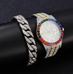 腕時計 メンズ 2点セット ブレス 高品質 CZダイア ラグジュアリー コンビ