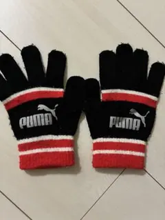 PUMA フリース手袋 黒/赤 ストライプ