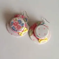 2点セット花柄にレースリボン可愛いピアス 樹脂、イヤリングロングチェーン変更可