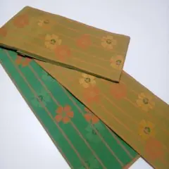 【340】オリーブグリーンとグリーン色の花柄 半幅帯