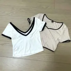 バイカラーVネック半袖クロップドTシャツ2点セットのサムネイル