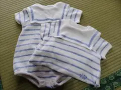 ふわふわ生地　半袖　水色ストライプロンパース 80サイズ　２着セット双子ちゃんに