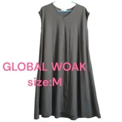GLOBAL WOAK フレアワンピースロングワンピース M カーキー　Vネック