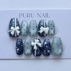 354【現品】◾️クリスマス×マグネット️×リボン×ネイビー×ブルー◾️ネイルチップ