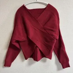 カシュクールデザイン Vネック クロスニットプルオーバー 赤/ボルドー