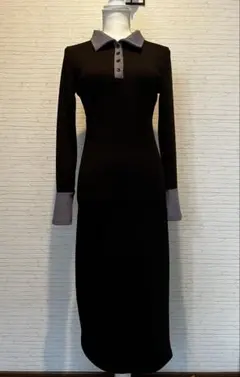ブラック・グレー 長袖ポロワンピース