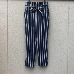 2374【H&M】36♡ストライプ カジュアルパンツ リボン ネイビー系