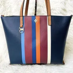 【良品】 トリーバーチ ケリントン トートバッグ レザー　ネイビー　ストライプ