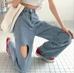 【新品】デニムパンツ ハートカット Mサイズ ダメージジーンズ サックスブルー