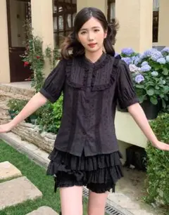 立ち襟綿ブラウス 半袖　黒M 華ロリ ロリータ 新品
