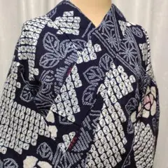有松鳴海絞り 浴衣 身丈156.5 裄丈65 美品 ブルー 花つなぎ 蝶 手縫い