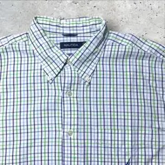 NAUTICA長袖チェックシャツXLボタンダウンBD白ホワイトベースロゴ刺繍古着