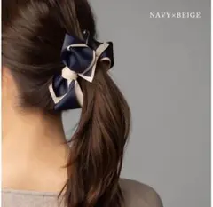 ネイビー×ベージュ リボンヘアクリップ