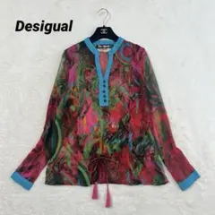Desigual ボタニカル柄 シアーブラウス リボン 長袖 XS M相当のサムネイル