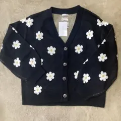 花柄ニットカーディガン 長袖 黒