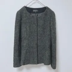 INDIVI ノーカラージャケット ウール混　シンプルデザイン　ダークグレー　M