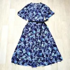 ルージュ】ラップワンピース 半袖 花柄 ロング パフスリーブ ベルト 黒