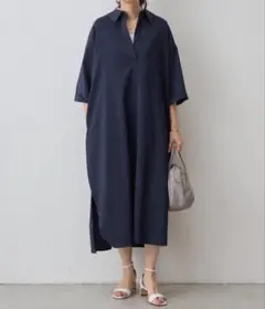 極美品】25AW ビアズリー バックオープンシャツワンピース ネイビー
