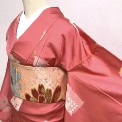 セミアンティーク 正絹 小紋 ピンク 絞り風 古典柄 しつけ付き　レトロモダン