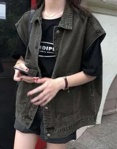 Honeyspot 無地柄 ボタンスルー デニム ベスト ダークグレー ブラック