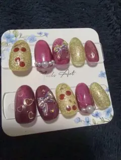 ネイルチップセット 赤金 グリッター