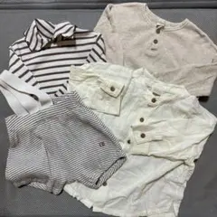 ベージュ長袖Tシャツとストライプショートパンツセット