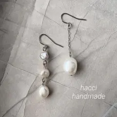 #498 淡水パール　アシンメトリー　フックピアス/イヤリング変更可能
