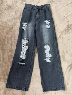 wcloset ダメージ加工ダークグレー ワイドレッグデニム