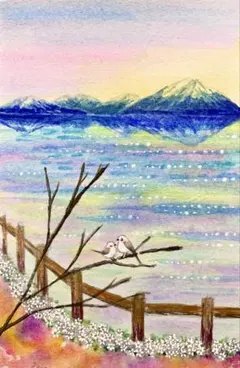 momorin様専用水彩画 キラキラの湖畔とシマエナガ　値段は※900円です