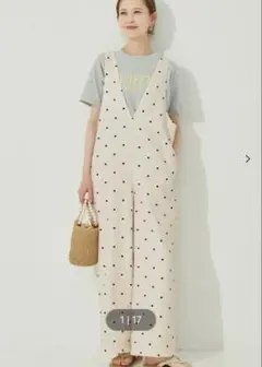 【Lサイズ】cocaドットVネックオールインワン　アイボリー