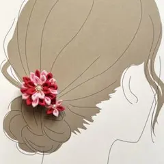 つまみ細工 お花ヘアゴム(赤×ピンク)