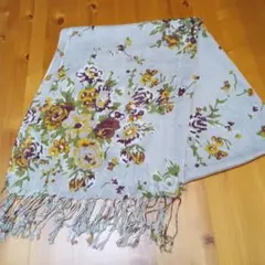 花柄 薄いブラウンの マフラー フリンジ付き