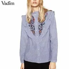 セール！花柄刺繍 ストライプ フリルネック ブラウス シャツ