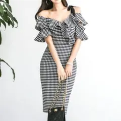 ギンガムチェック オフショルダー膝丈ドレス XL新品未使用